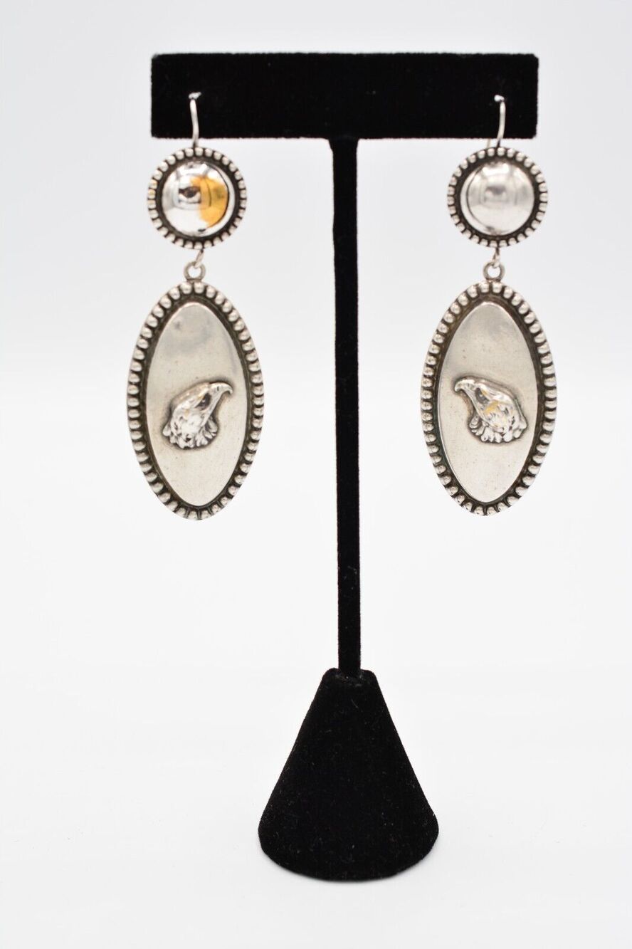Vintage Dangle Eagle Earrings Chunky Silver Tone American Bald Antique BinAB